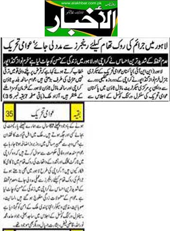 Minhaj-ul-Quran  Print Media Coverage Daily Alakhbar Back Page